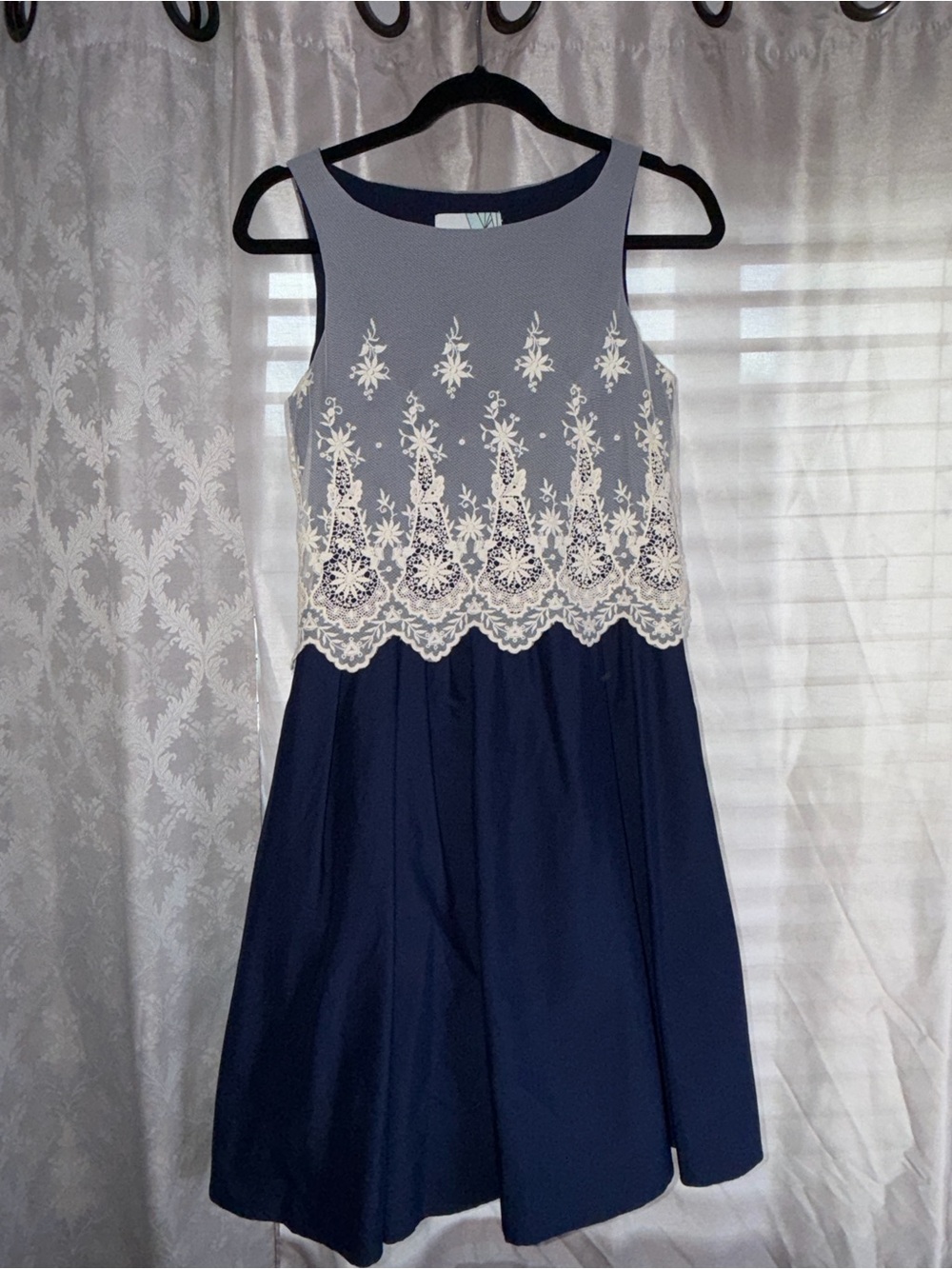 Navy and Light Gray Lace Bodice A-Line Dress